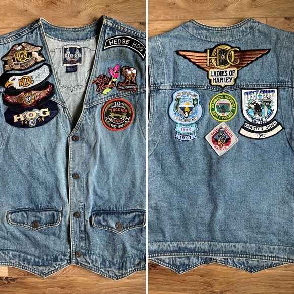 VTG Ladies of Harley Davidson 1990’s 90’s Denim Jean Jacket Vest Patches Large